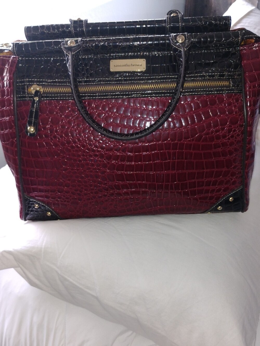 Structured Croc-Embossed Travel Tote in Burgundy and Black by Samantha Brown.